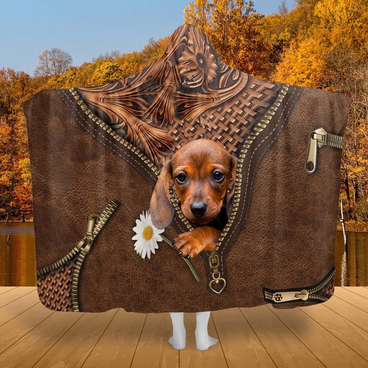 Dachshund Holding Daisy Hooded Blanket