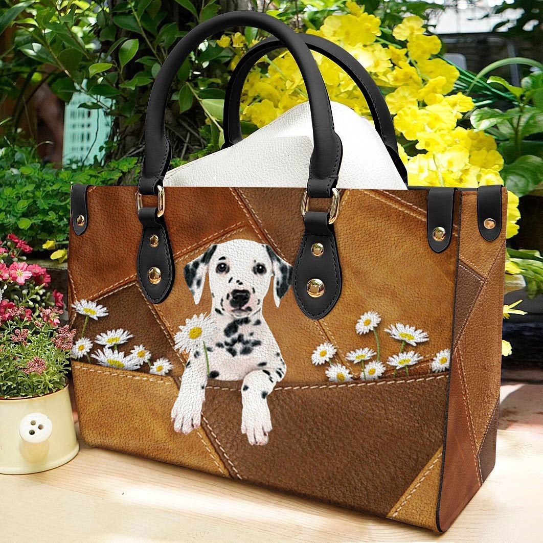 Dalmatian Holding Daisy Leather Bag