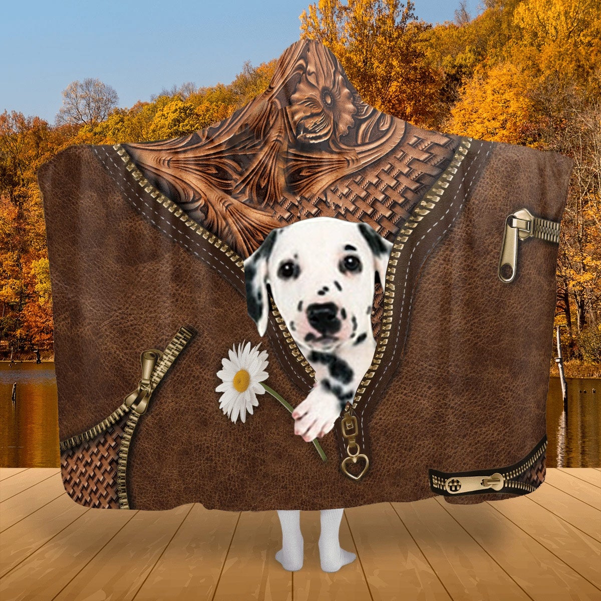 Dalmatian Holding Daisy Hooded Blanket