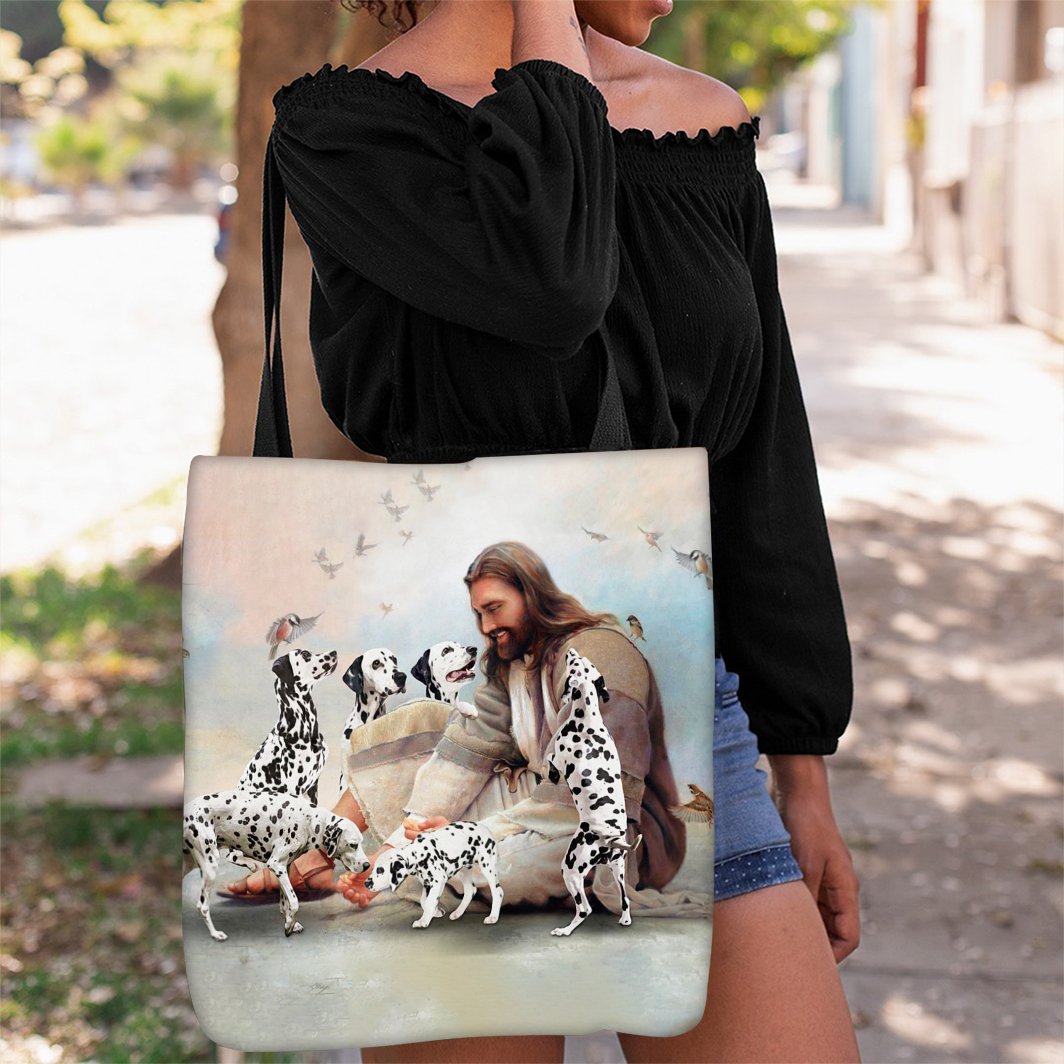 Jesus Surrounded By Dalmatians Tote Bag