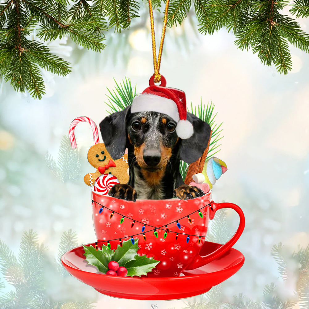 Dapple Dachshund In Cup Merry Christmas Ornament