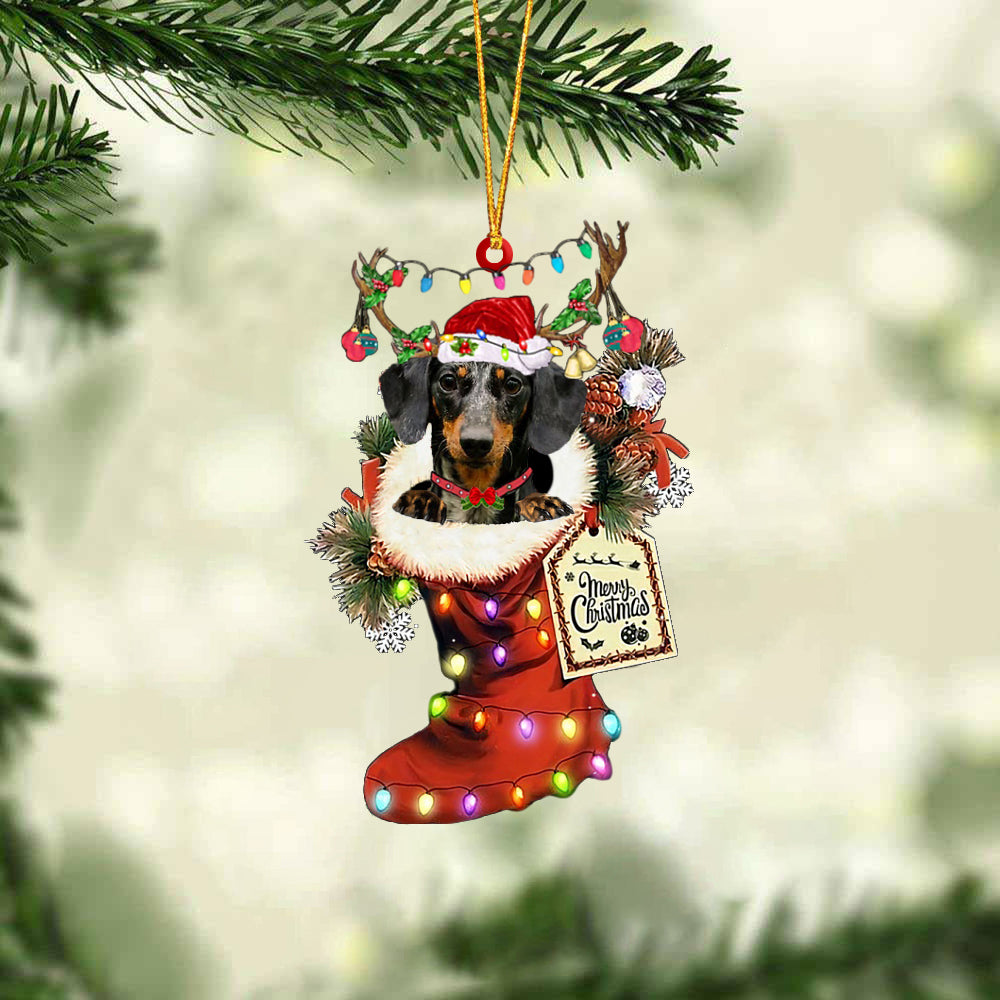 Dapple Dachshund In Red Boot Christmas Ornament