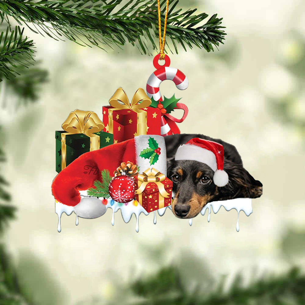 Dashuand (Black and Tan) Long hair Merry Christmas Hanging Ornament-0211