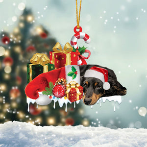 Dashuand (Black and Tan) Long hair Merry Christmas Hanging Ornament-0211