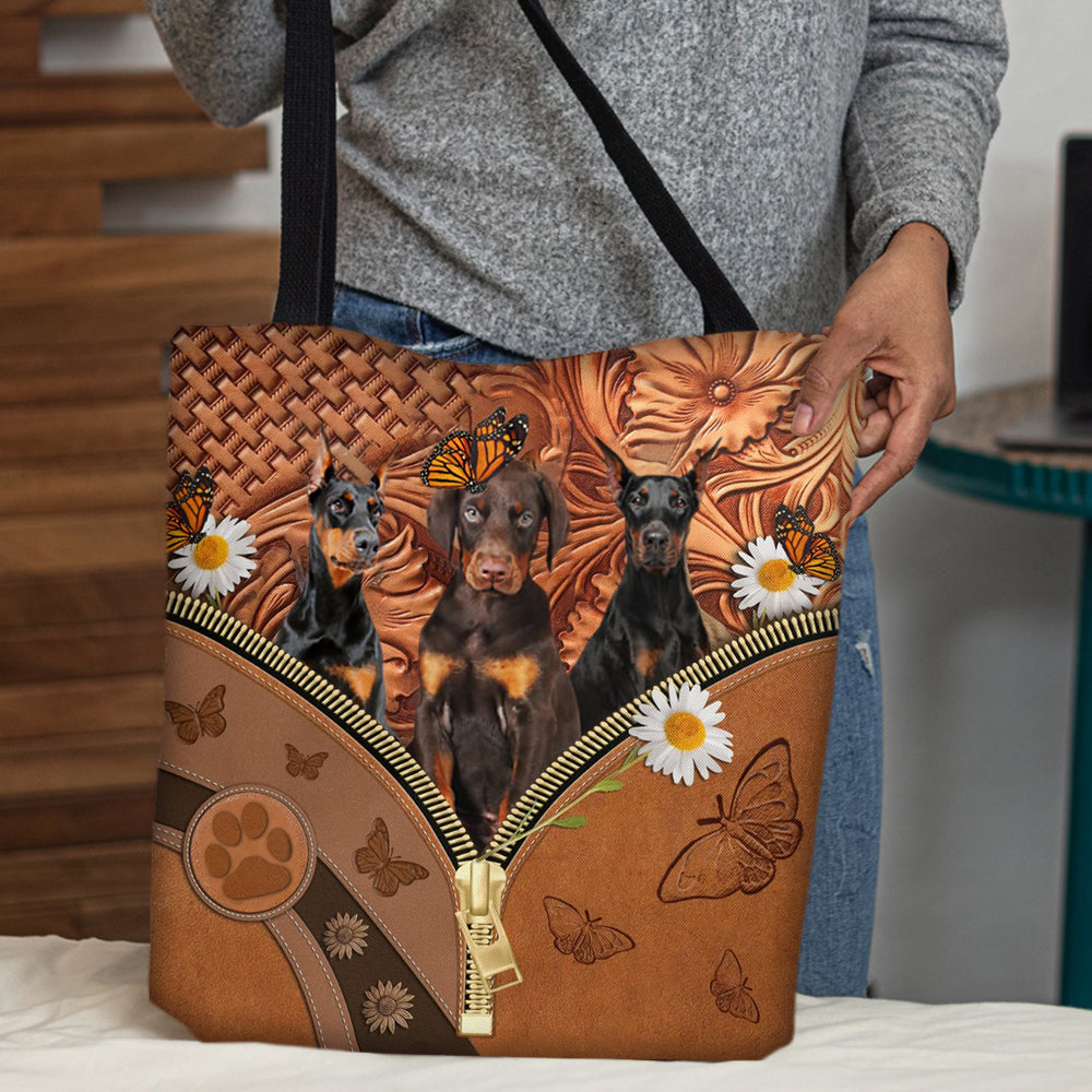 Doberman Daisy Flower And Butterfly Tote Bag