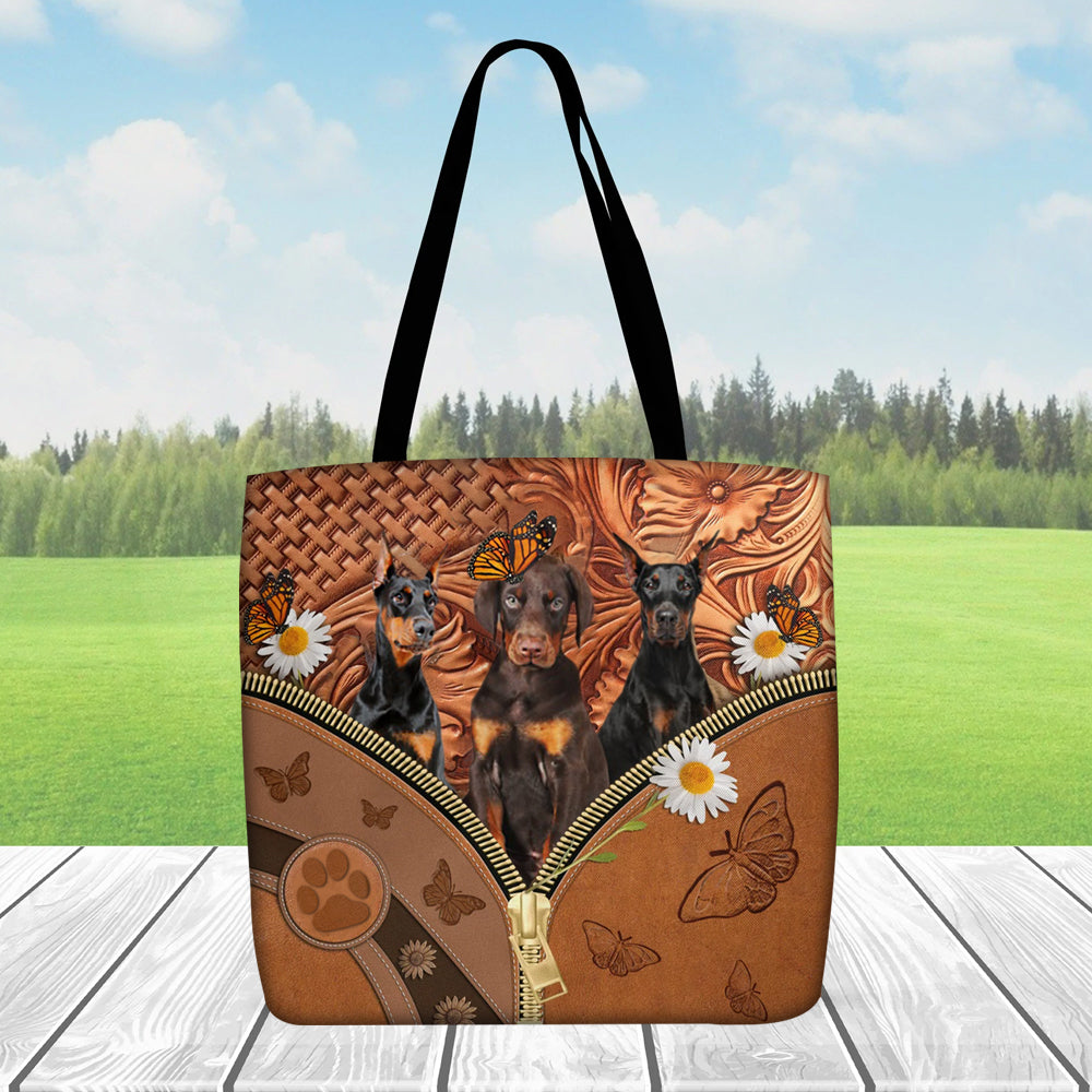 Doberman Daisy Flower And Butterfly Tote Bag