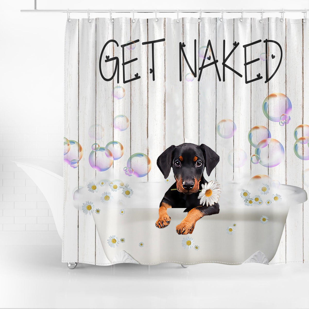 Doberman Get Naked Daisy Shower Curtain