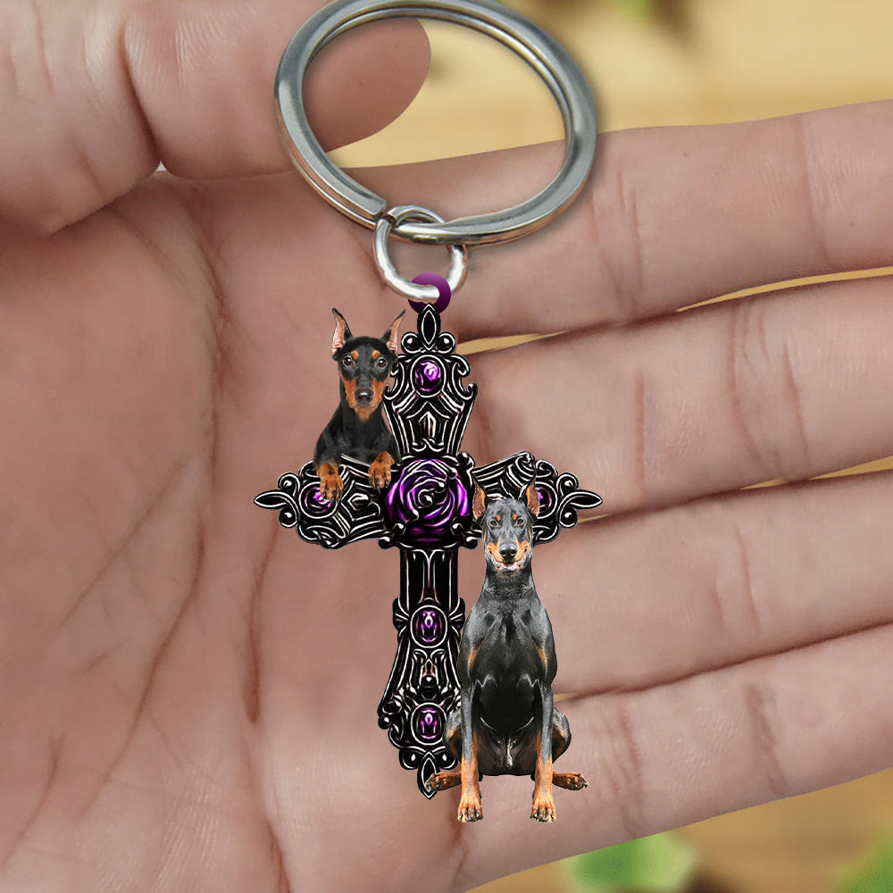 Doberman Pray For God Acrylic Keychain
