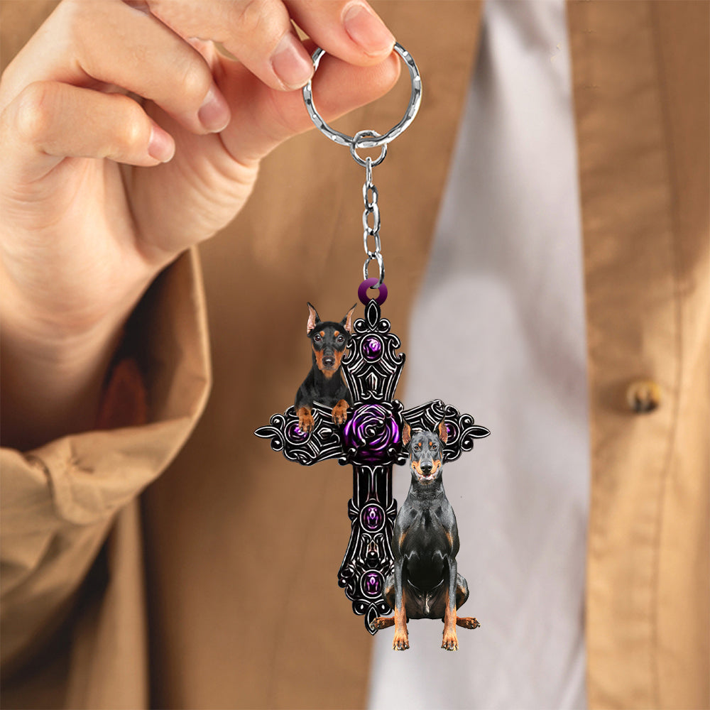 Doberman Pray For God Acrylic Keychain
