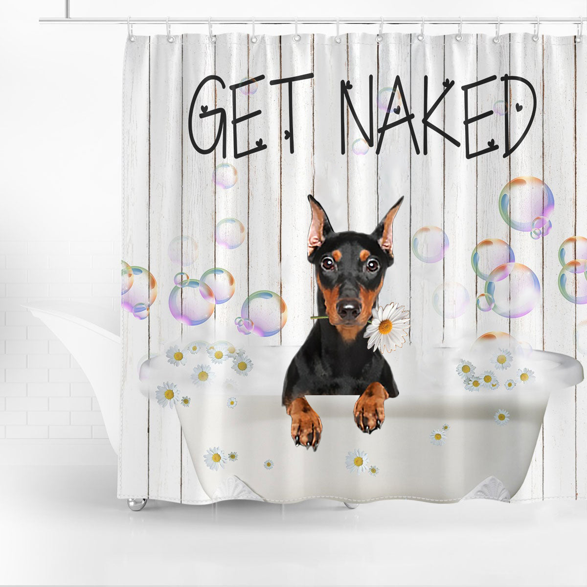 Doberman06 Get Naked Daisy Shower Curtain