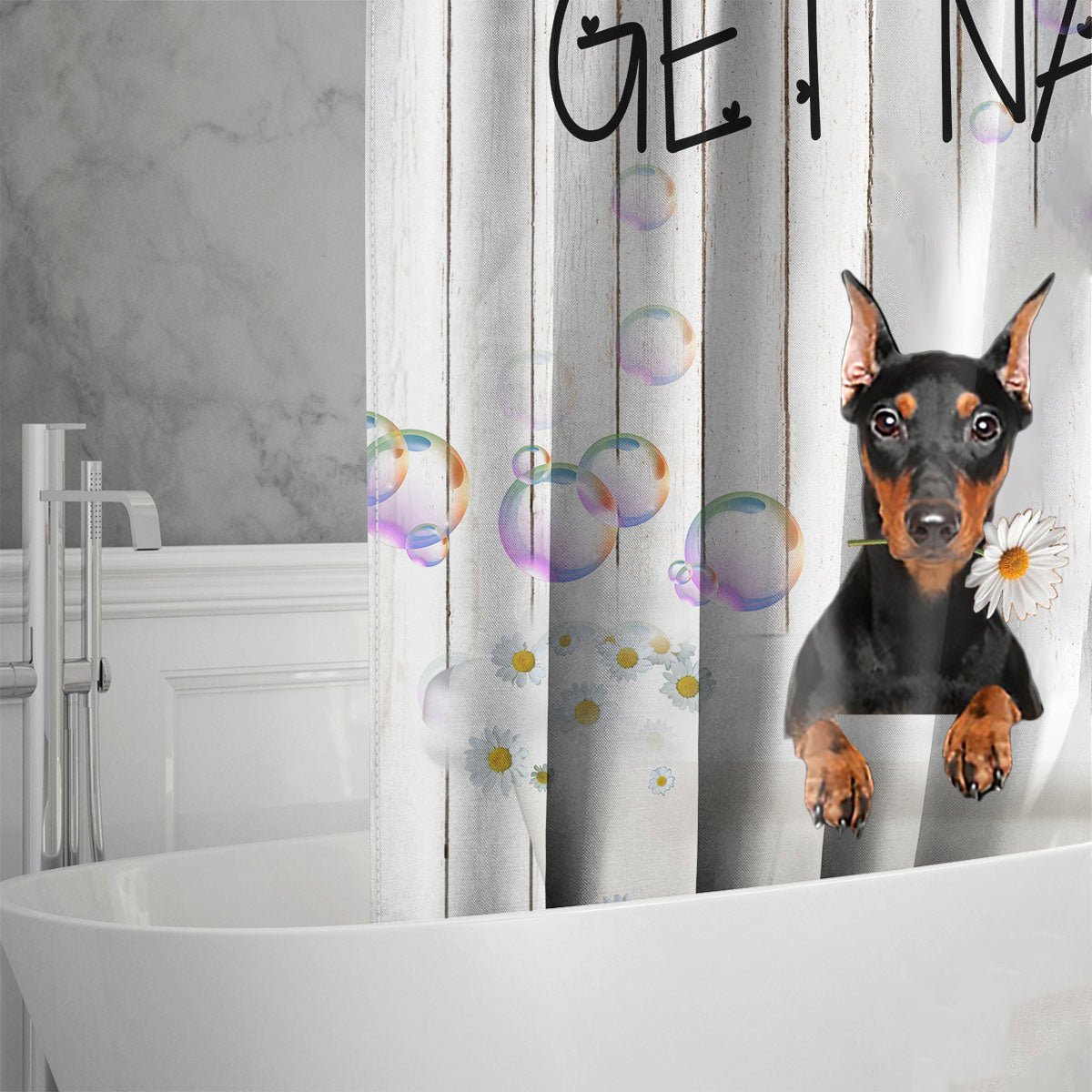Doberman06 Get Naked Daisy Shower Curtain