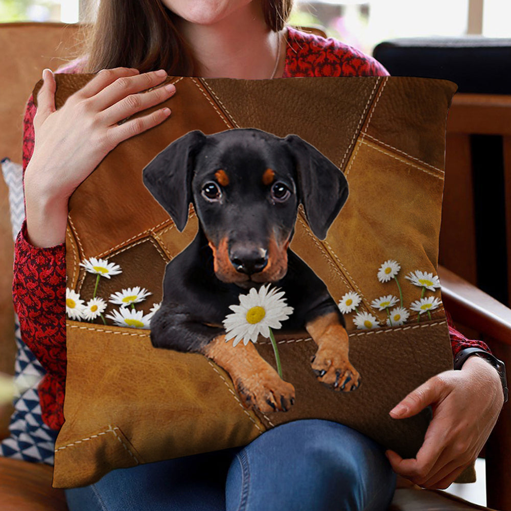 Doberman Holding Daisy Pillow Case