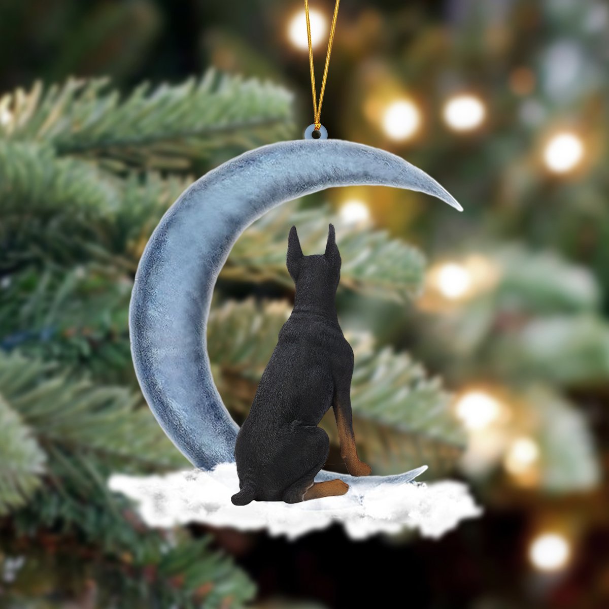 Doberman Pinscher Sits On The Moon Hanging Ornament