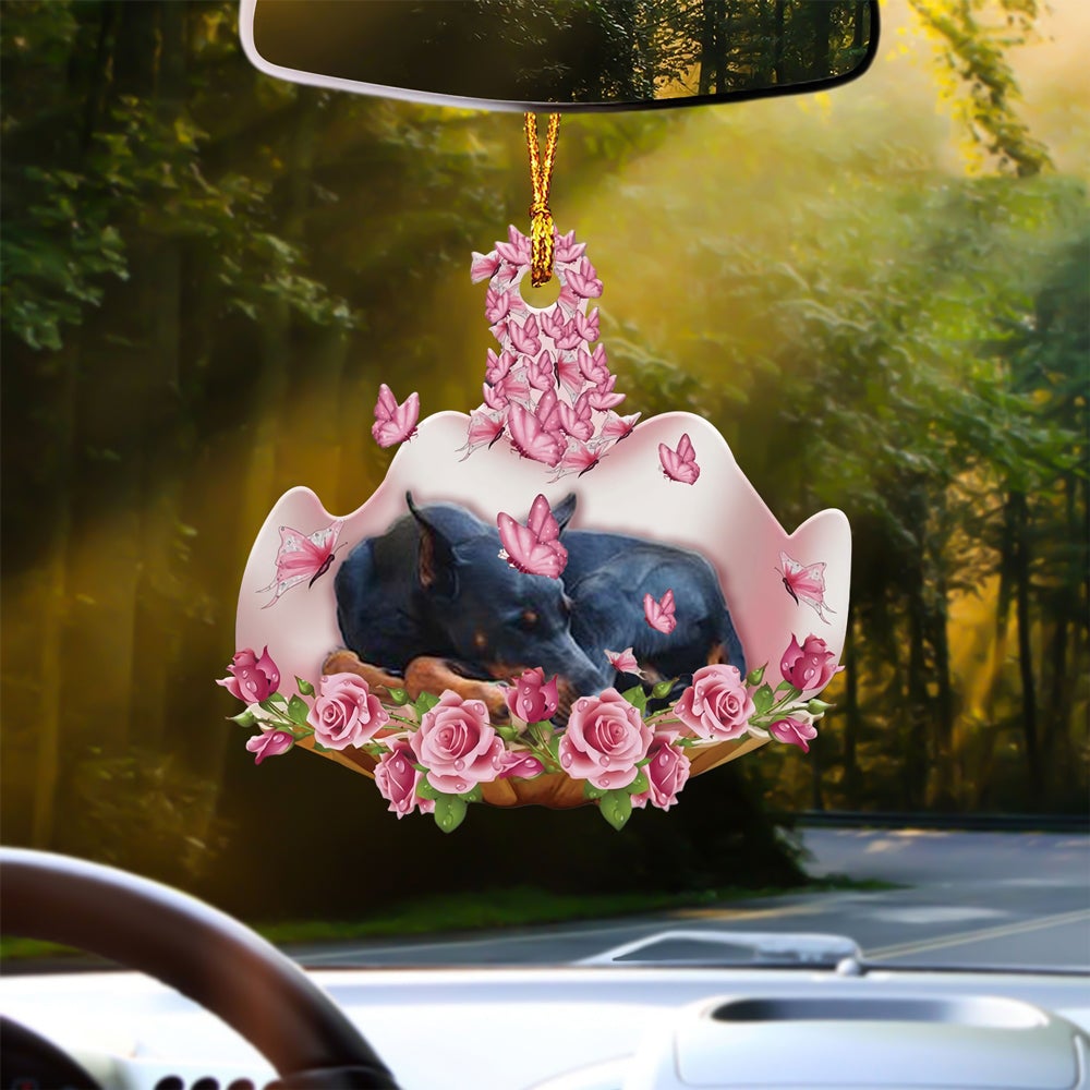 Doberman Pinscher Sleeping In Rose Garden Car Hanging Ornament