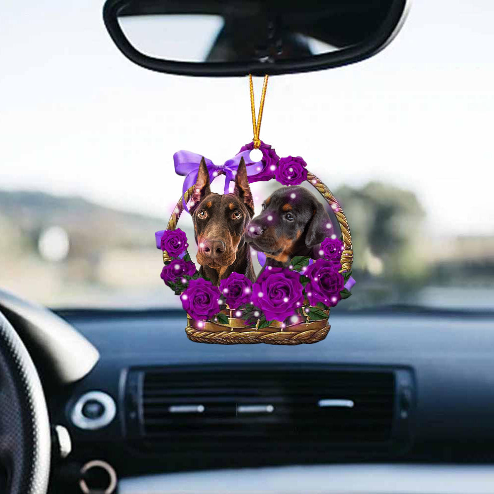 Doberman Purple Rose Wicker Basket Car Hanging Ornament