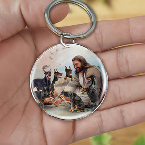 Jesus Surrounded By Dobermans-Round Resin Epoxy Metal Keychain