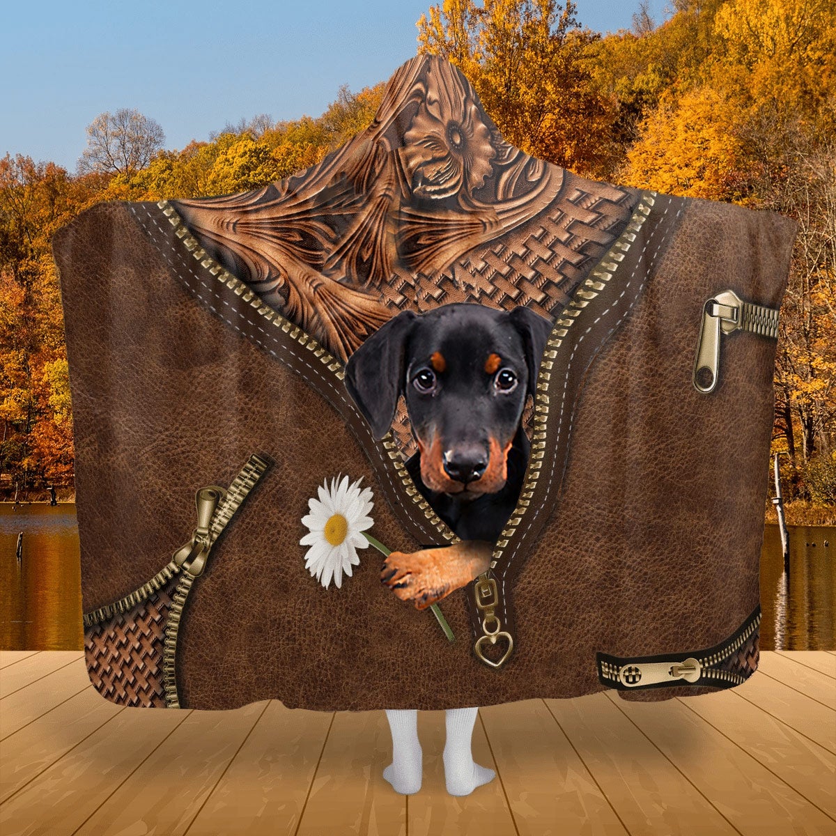 Doberman Holding Daisy Hooded Blanket