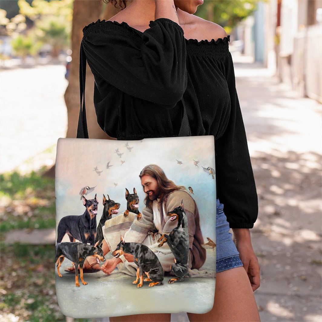 Jesus Surrounded By Dobermans Tote Bag