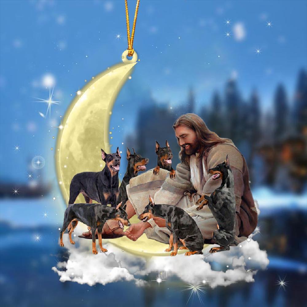 Jesus Surrounded By Dobermans On The Moon Ornament