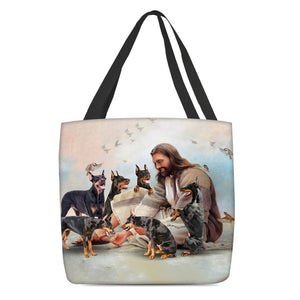 Jesus Surrounded By Dobermans Tote Bag
