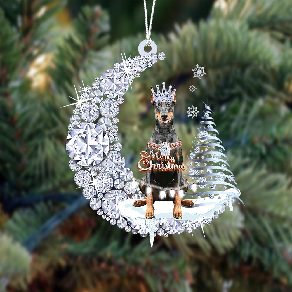 Doberman Diamond Moon Merry Christmas Ornament