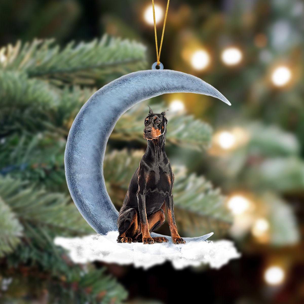 Dobermann Sits On The Moon Hanging Ornament