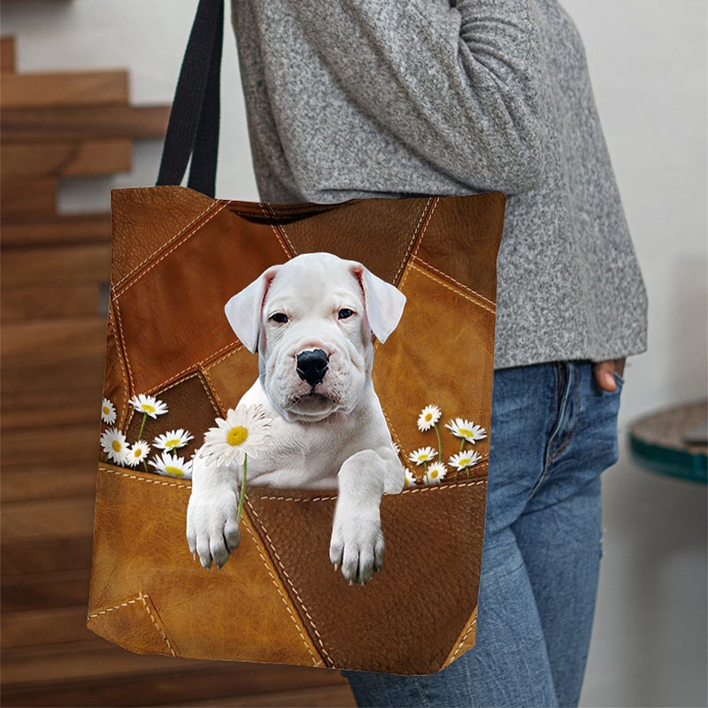 Dogo Argentino Holding Daisy All Over Printed Tote Bag