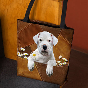 Dogo Argentino Holding Daisy All Over Printed Tote Bag
