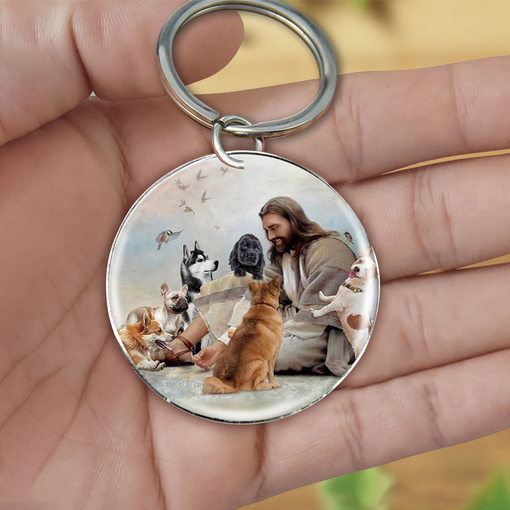 Jesus Surrounded By Dogs-Round Resin Epoxy Metal Keychain