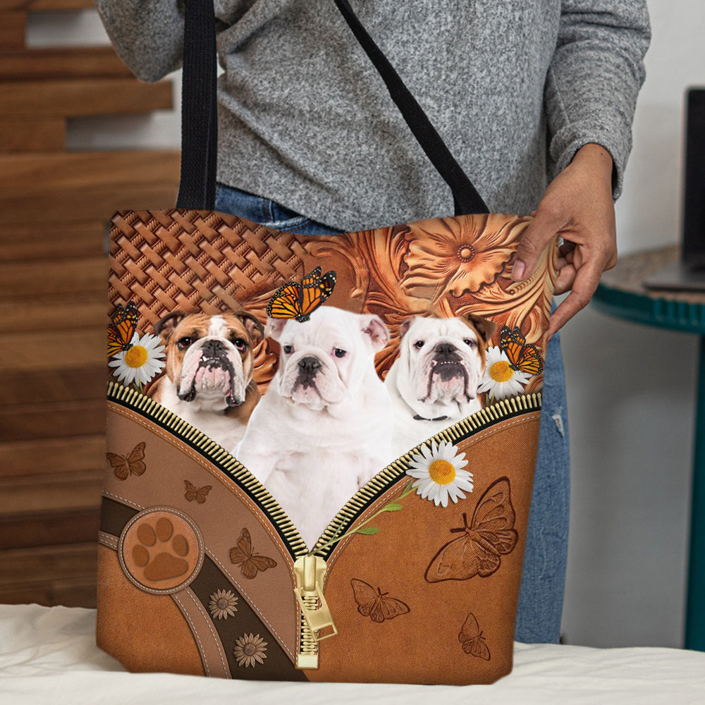 Bulldog Daisy Flower And Butterfly Tote Bag