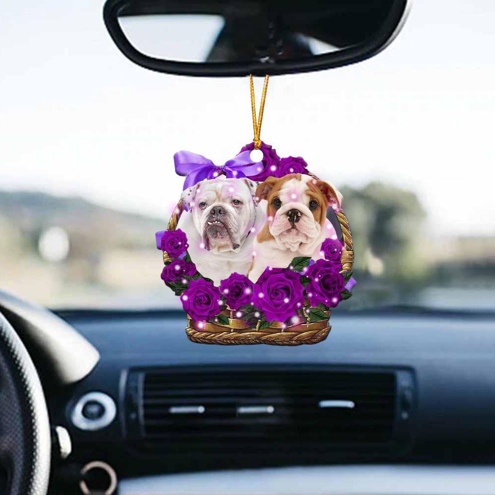 English Bulldog Purple Rose Wicker Basket Car Hanging Ornament