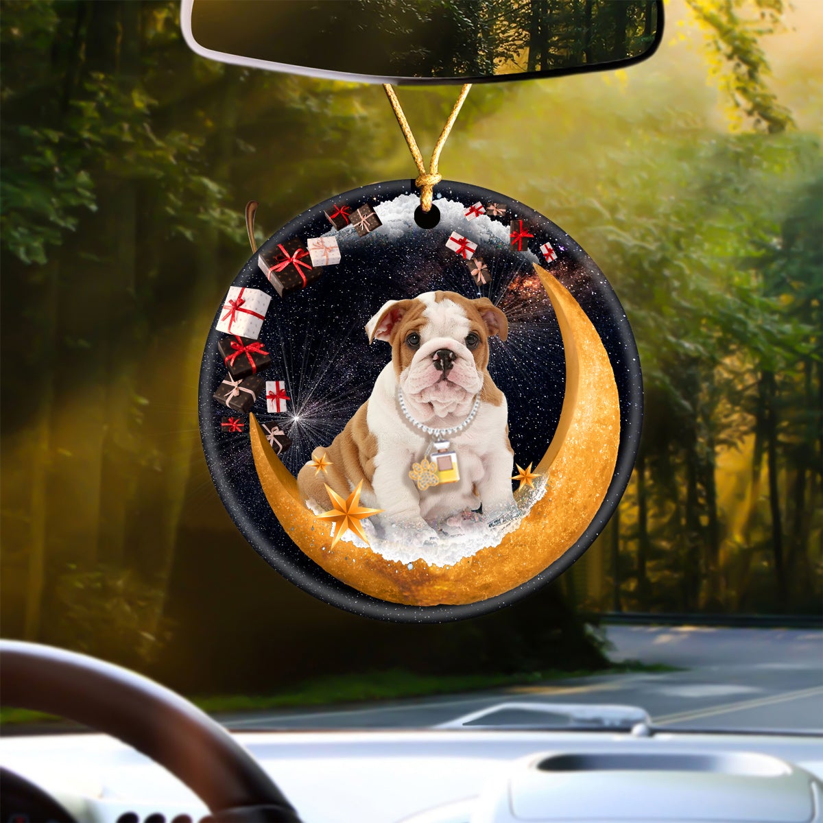 English Bulldog Fashion Moon Car Hanging Ceramic Ornament