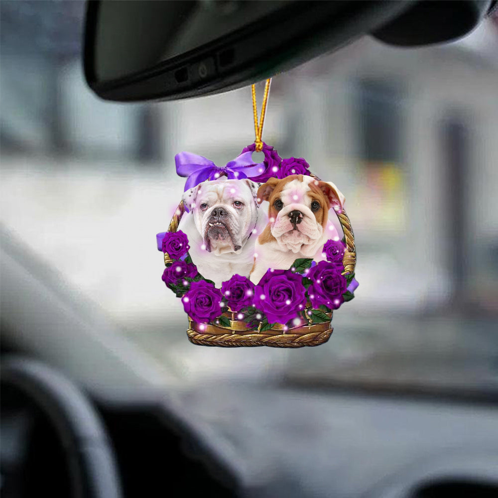 English Bulldog Purple Rose Wicker Basket Car Hanging Ornament