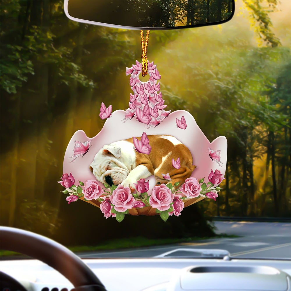 English Bulldog Sleeping In Rose Garden Car Hanging Ornament
