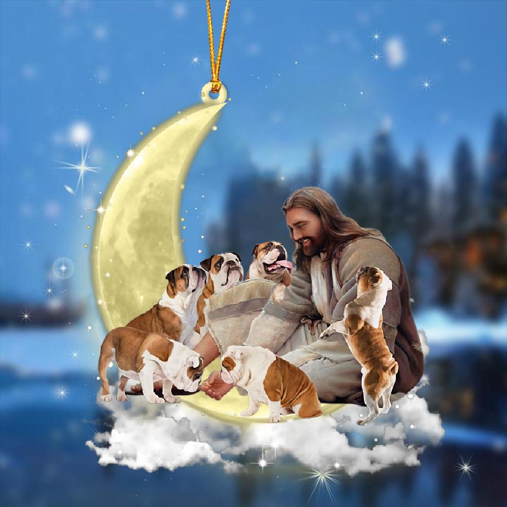 Jesus Surrounded By English Bulldogs On The Moon Ornament