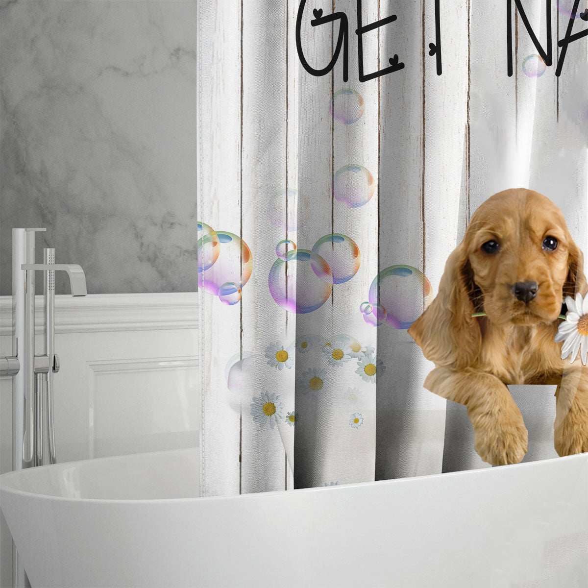 English Cocker Spaniel Get Naked Daisy Shower Curtain