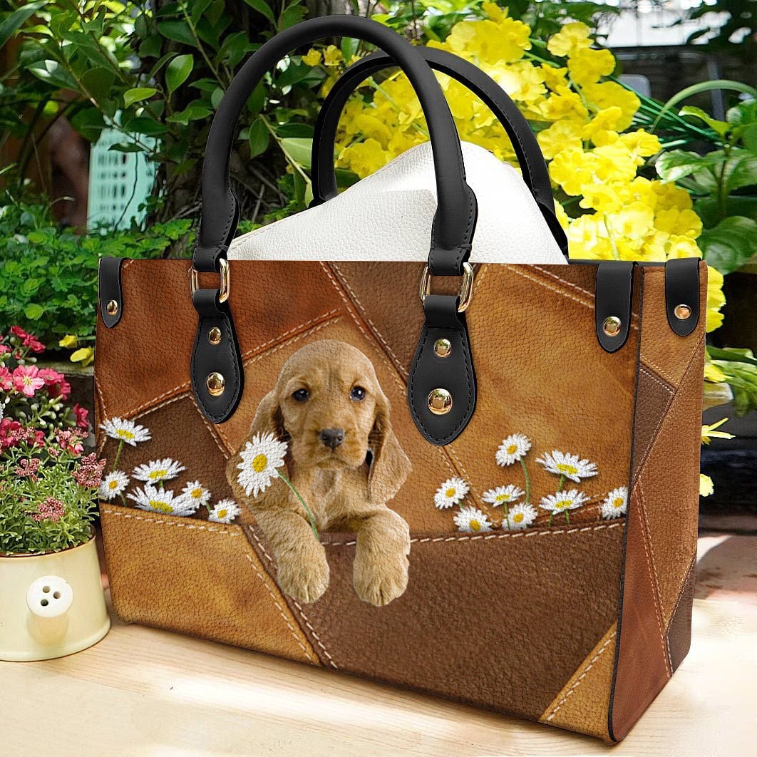 English Cocker Spaniel Holding Daisy Leather Bag