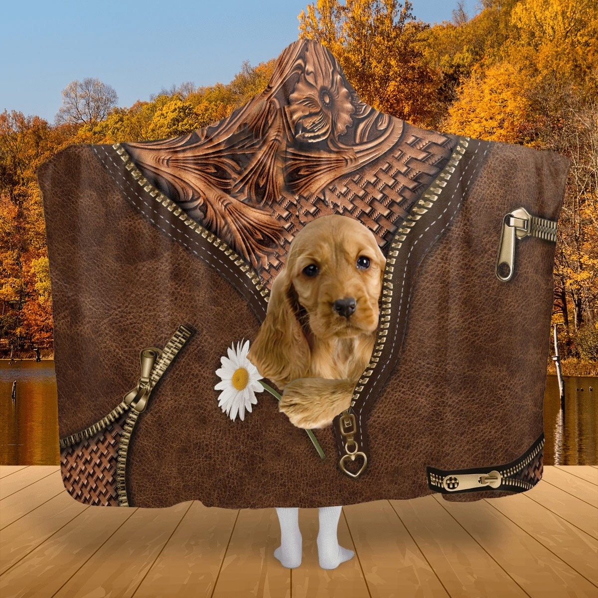 English Cocker Spaniel Holding Daisy Hooded Blanket