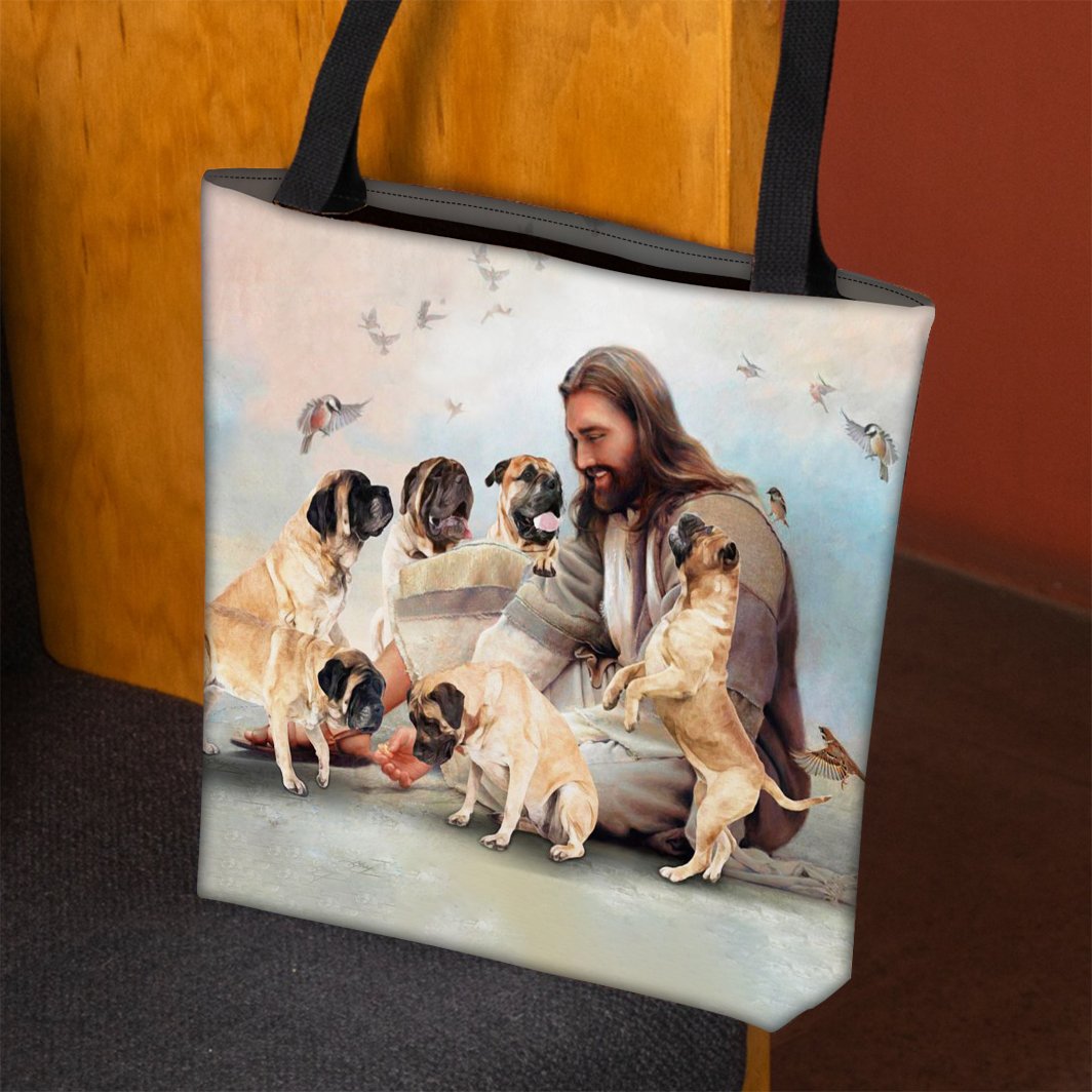 Jesus Surrounded By English Mastiffs Tote Bag