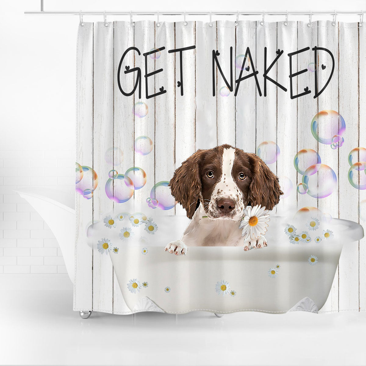 English Springer Spaniel Get Naked Daisy Shower Curtain