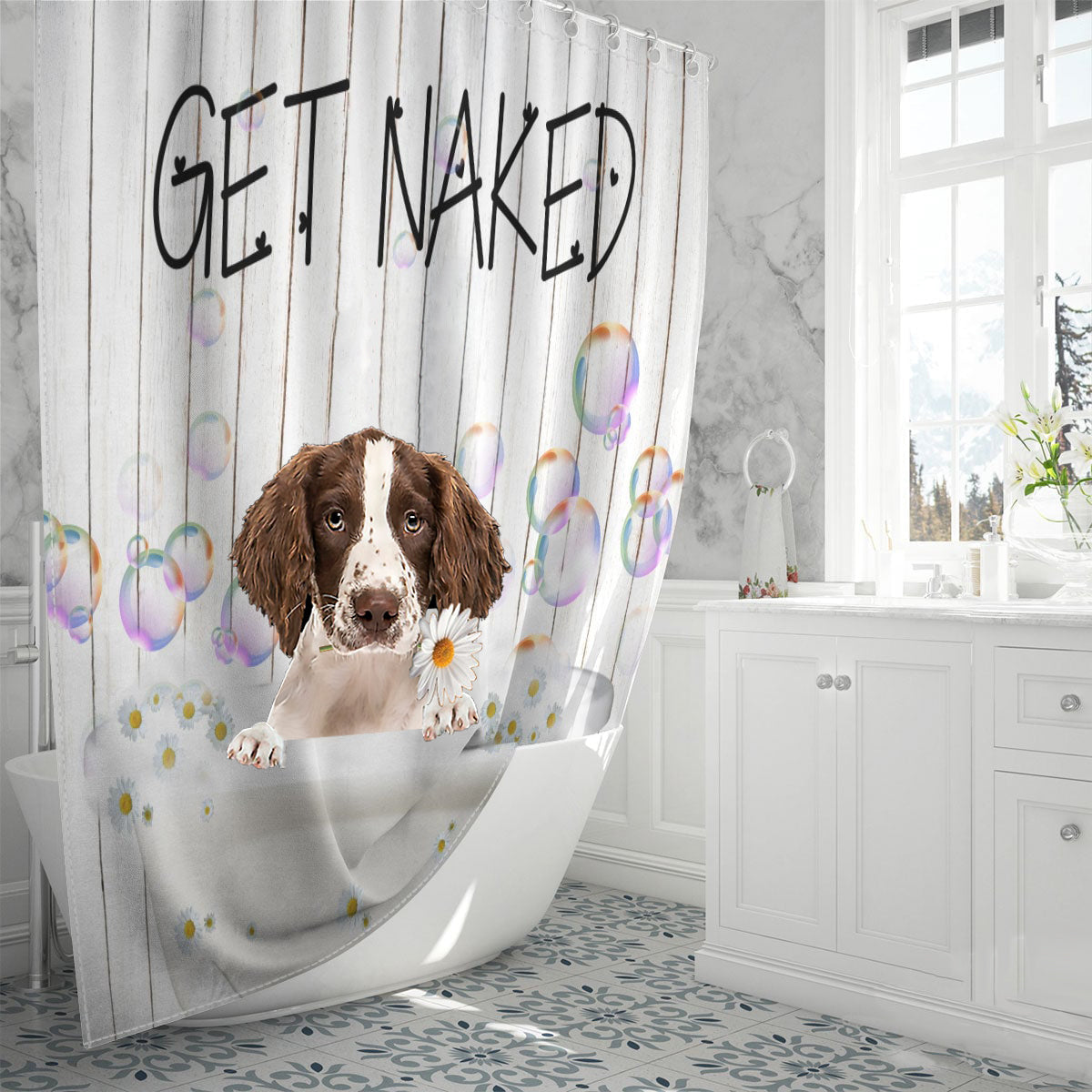 English Springer Spaniel Get Naked Daisy Shower Curtain