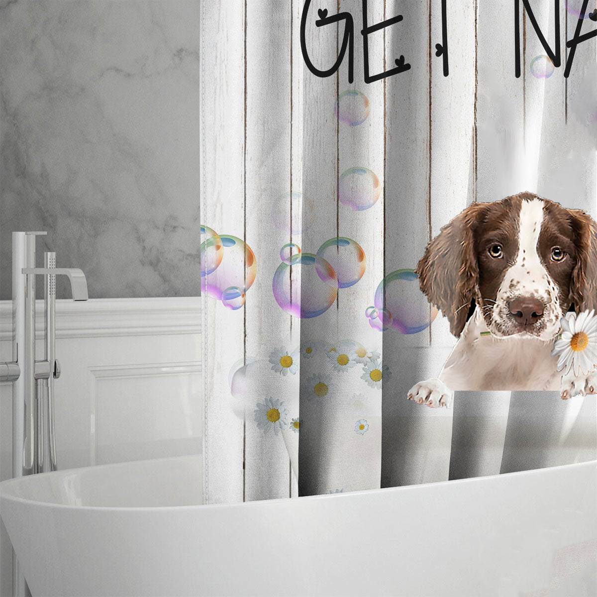 English Springer Spaniel Get Naked Daisy Shower Curtain