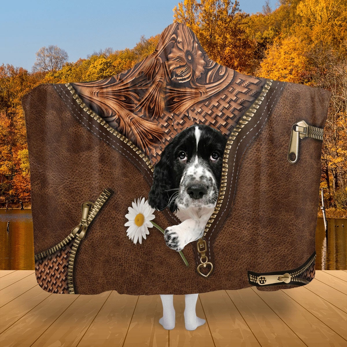 English Springer Spaniel 2 Holding Daisy Hooded Blanket
