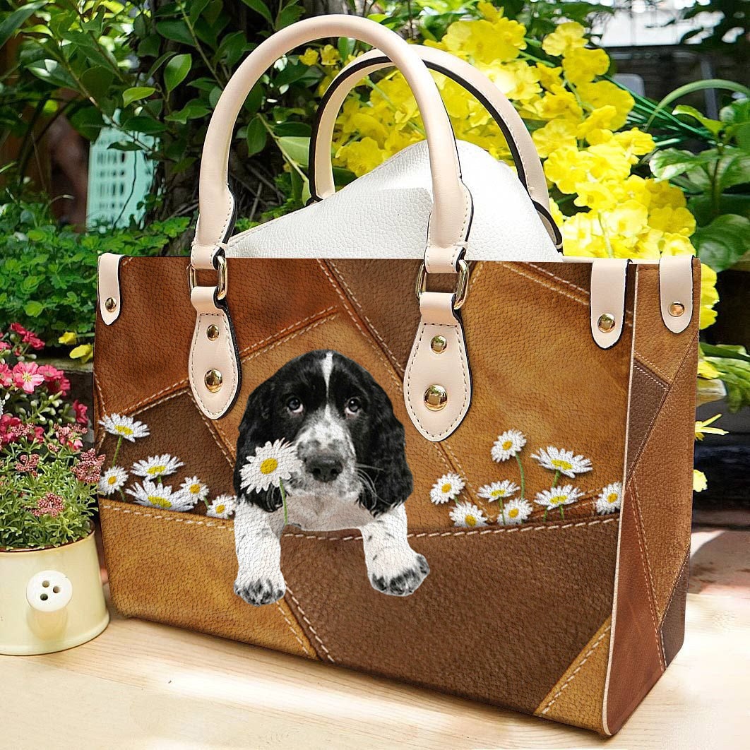 English Springer Spaniel Holding Daisy Leather Bag