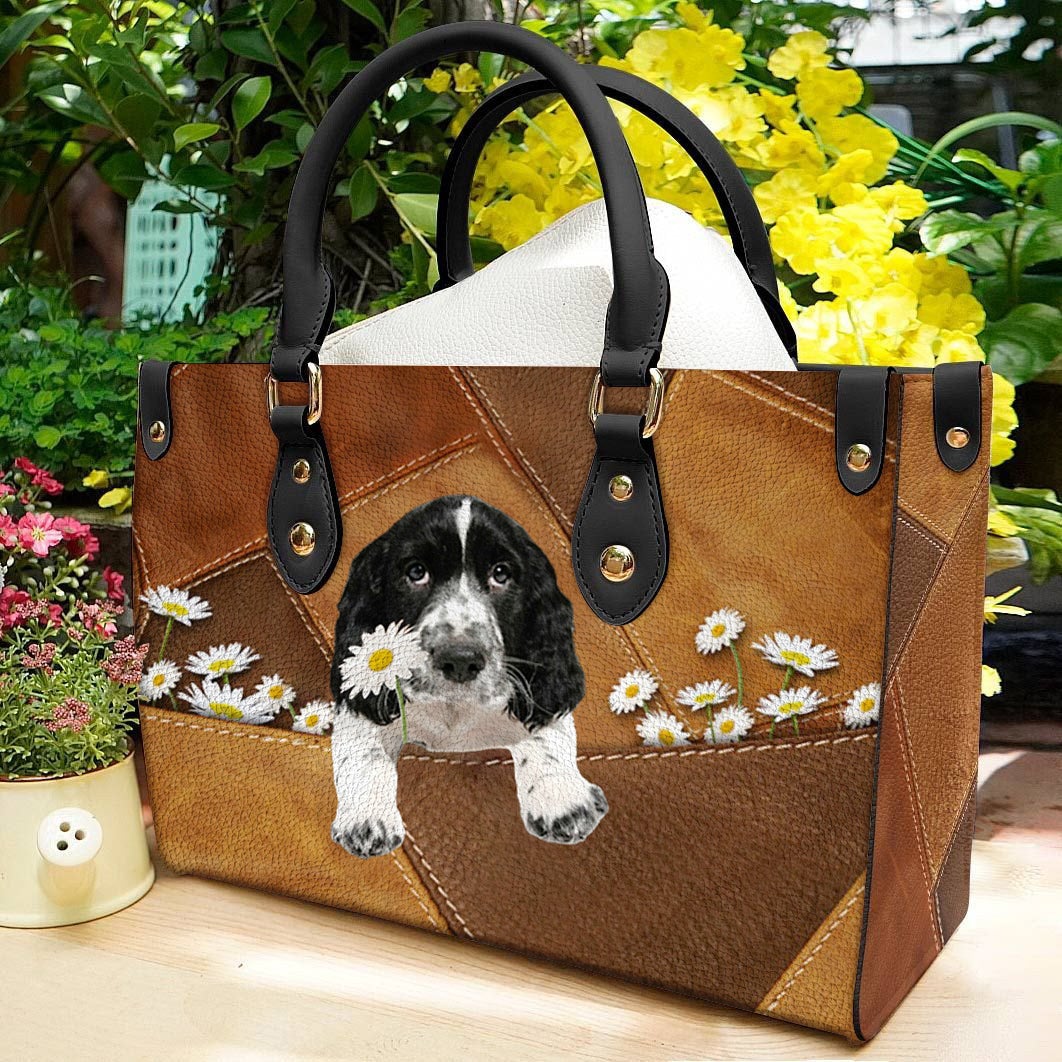 English Springer Spaniel Holding Daisy Leather Bag