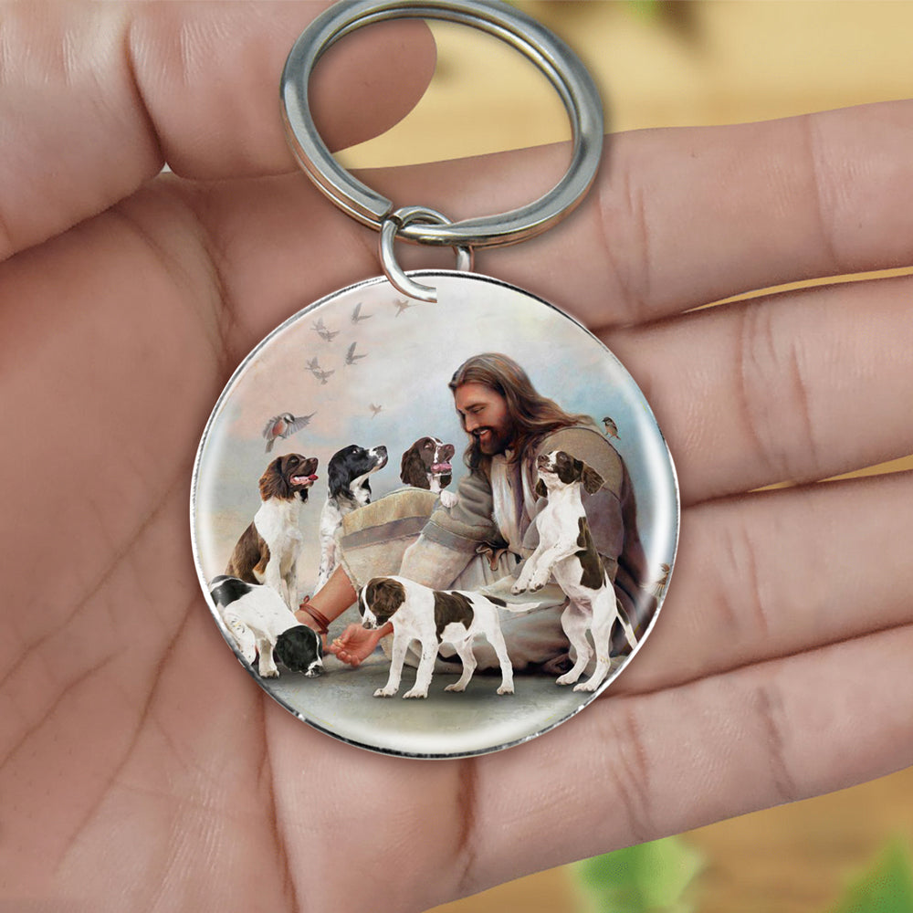 Jesus Surrounded By English Springer Spaniels-Round Resin Epoxy Metal Keychain