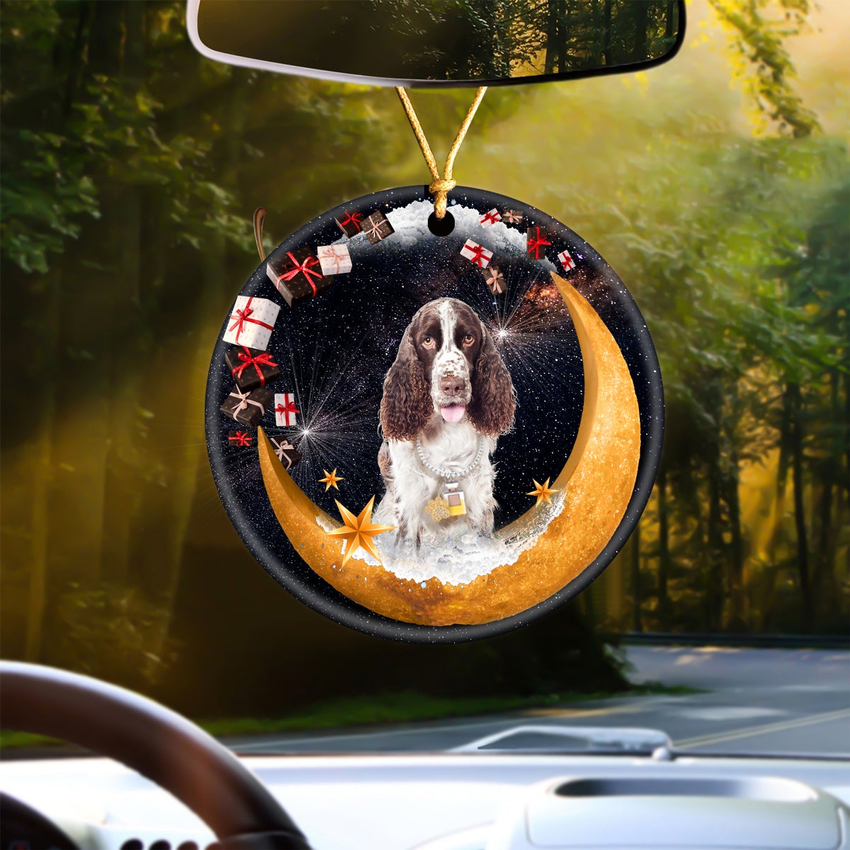 English Springer Spaniel Fashion Moon Car Hanging Ceramic Ornament