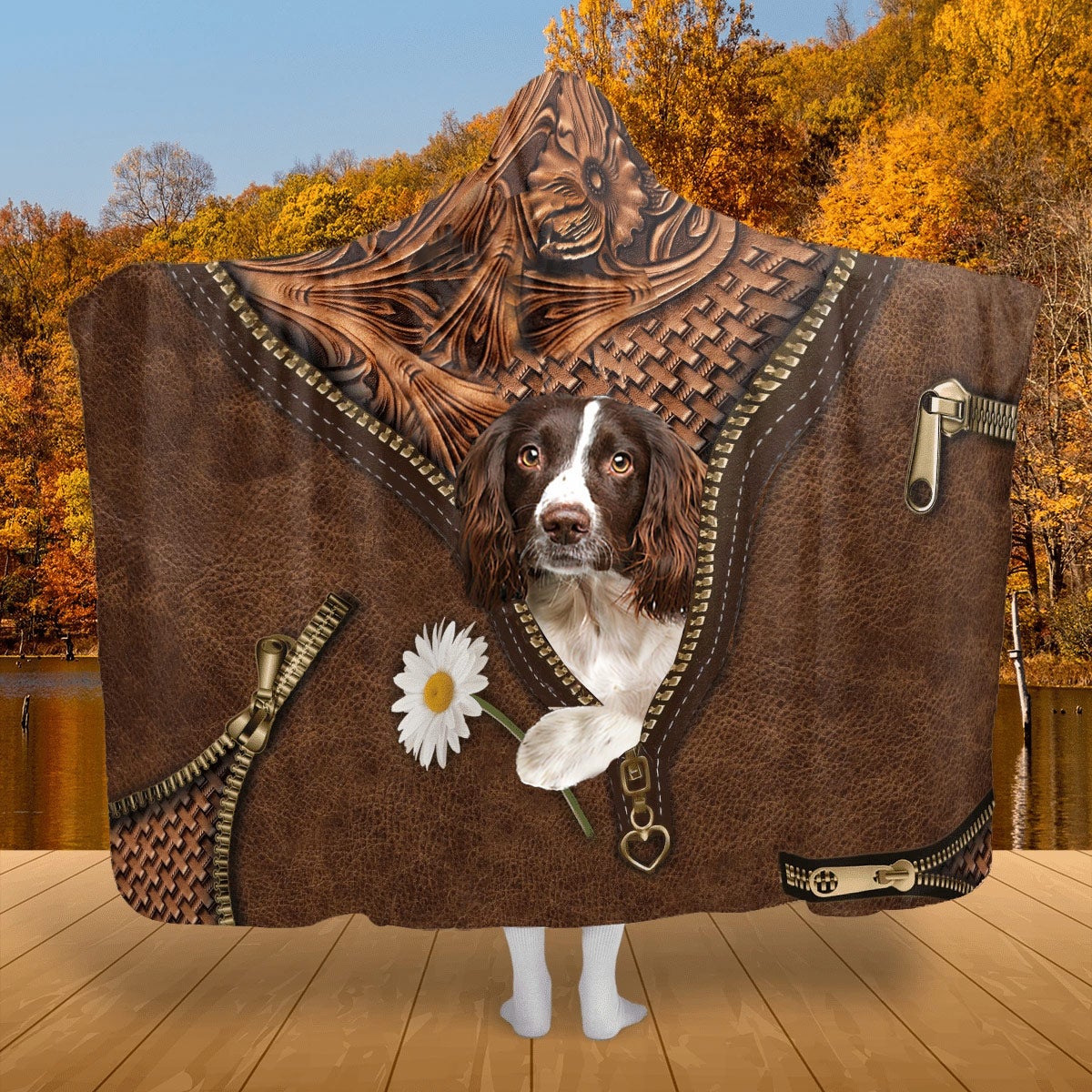 English Springer Spaniel Holding Daisy Hooded Blanket