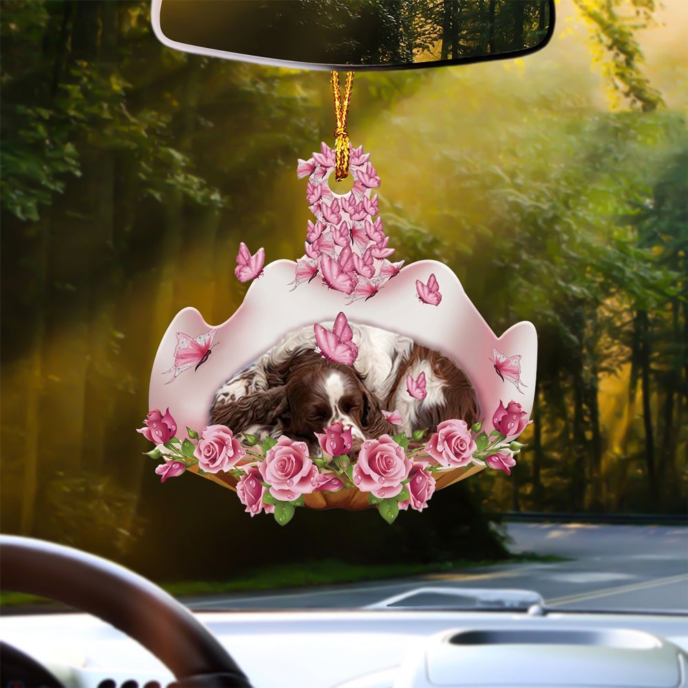 English Springer Spaniel Sleeping In Rose Garden Car Hanging Ornament