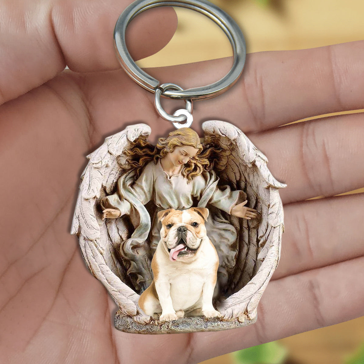 Angel Hug English bulldog Acrylic Keychain